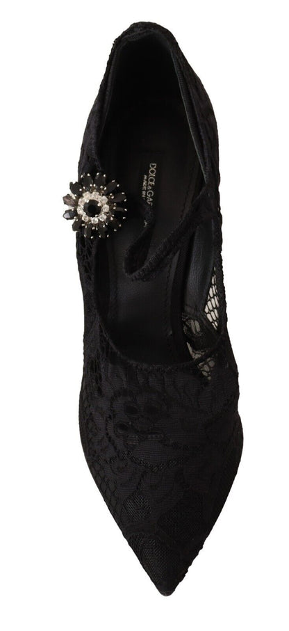 Dolce &amp; Gabbana Schwarze Mary Jane Pumps mit Spitzen und Kristallen