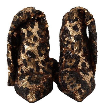 Dolce &amp; Gabbana Gold Leopard Sequins Heels Boots Shoes