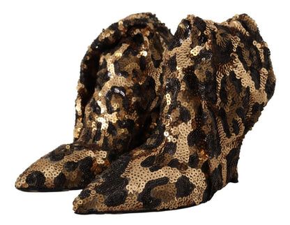 Dolce &amp; Gabbana Gold Leopard Sequins Heels Boots Shoes