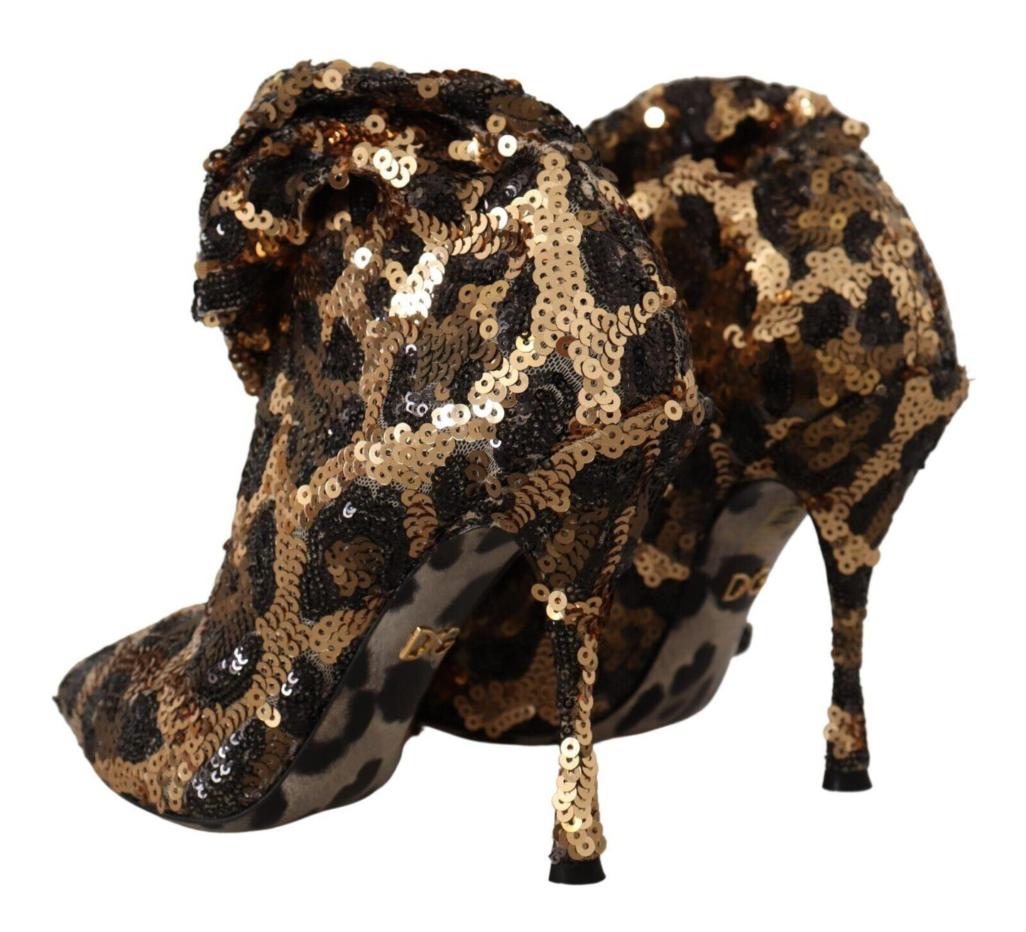 Dolce &amp; Gabbana Gold Leopard Sequins Heels Boots Shoes
