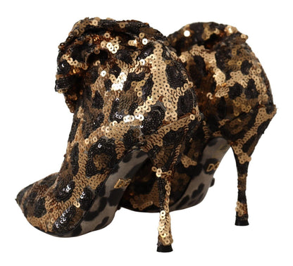 Dolce &amp; Gabbana Gold Leopard Sequins Heels Boots Shoes