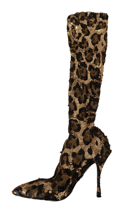 Dolce &amp; Gabbana Gold Leopard Sequins Heels Boots Shoes