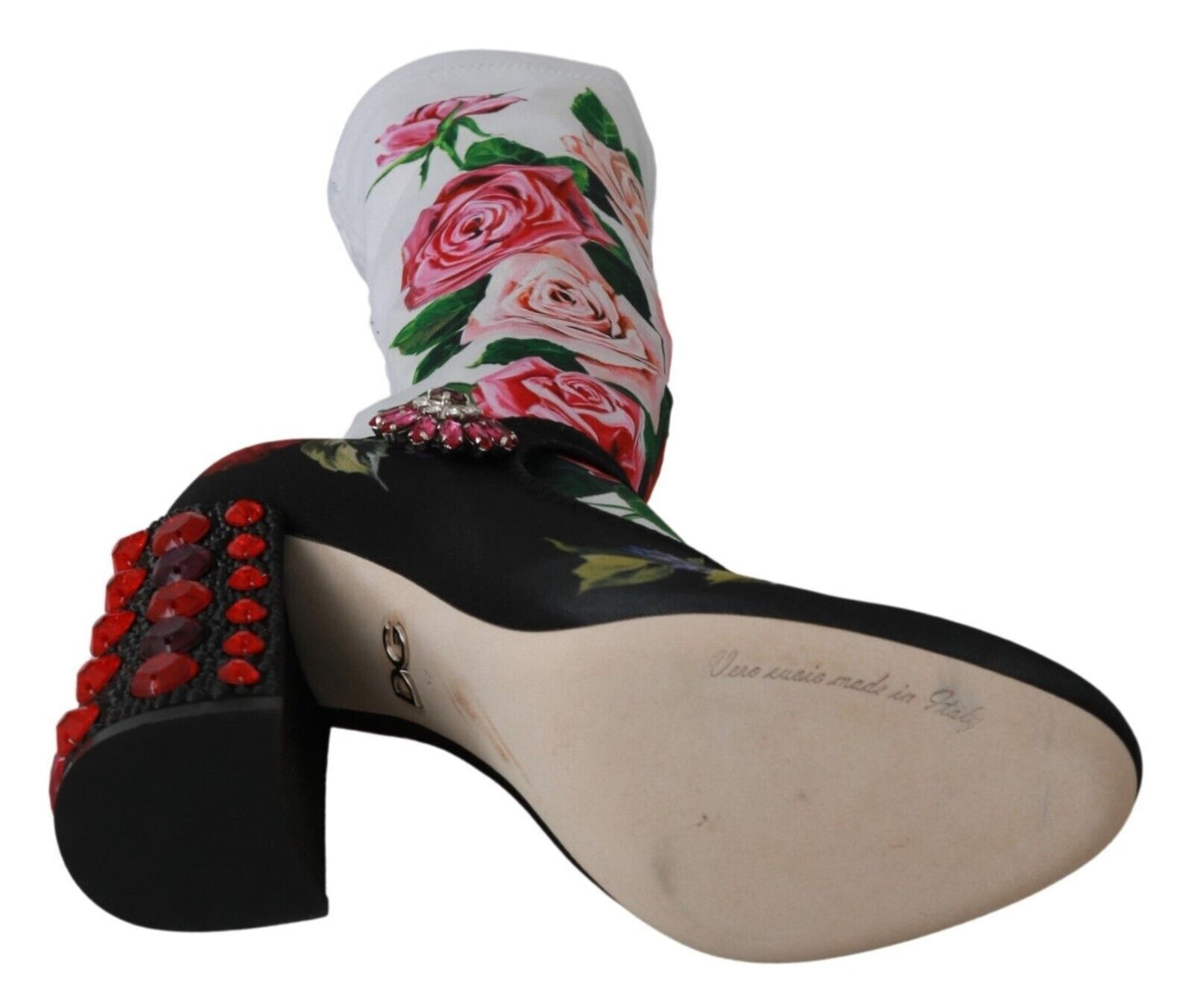 Dolce &amp; Gabbana Black Floral Socks Crystal Jersey Boots Shoes