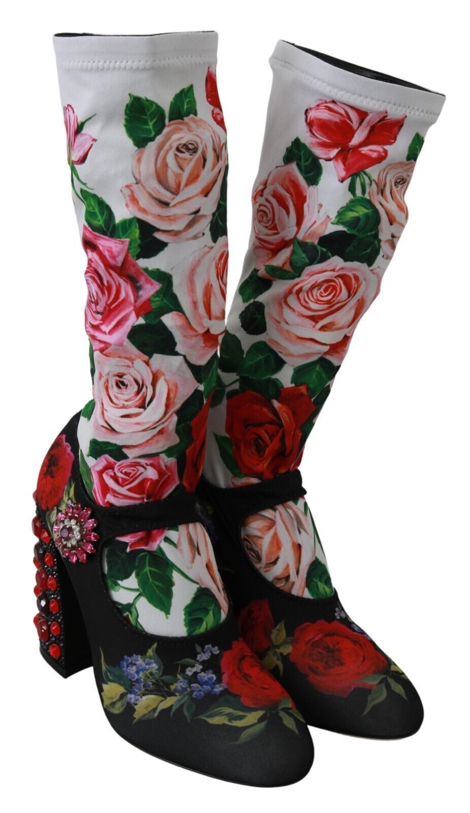 Dolce &amp; Gabbana Black Floral Socks Crystal Jersey Boots Shoes
