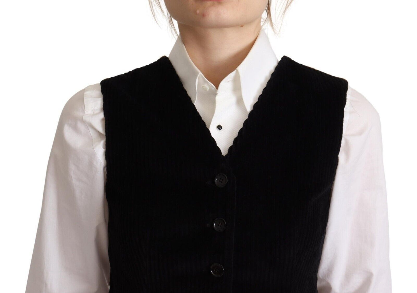Dolce &amp; Gabbana – Schwarzes Trägertop aus Cord mit V-Ausschnitt und Leopardenmuster und Knöpfen