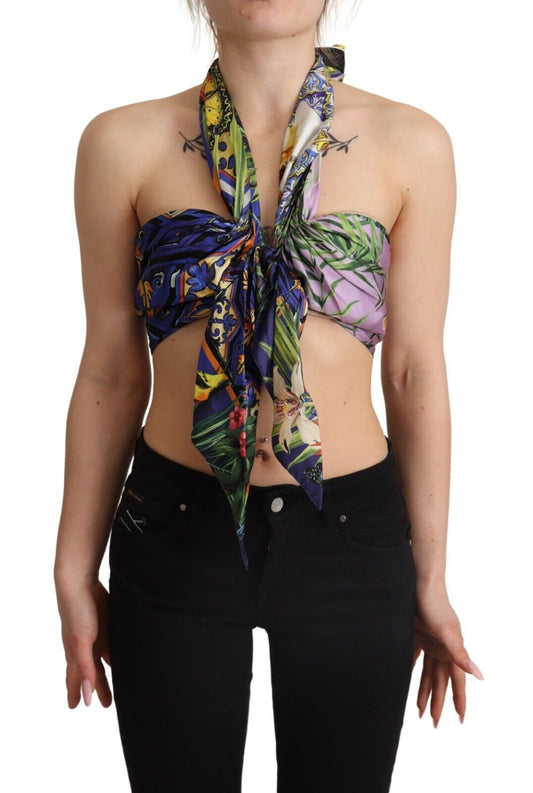 Dolce &amp; Gabbana – Mehrfarbiges Neckholder-Crop-Top aus Seide mit Foulard