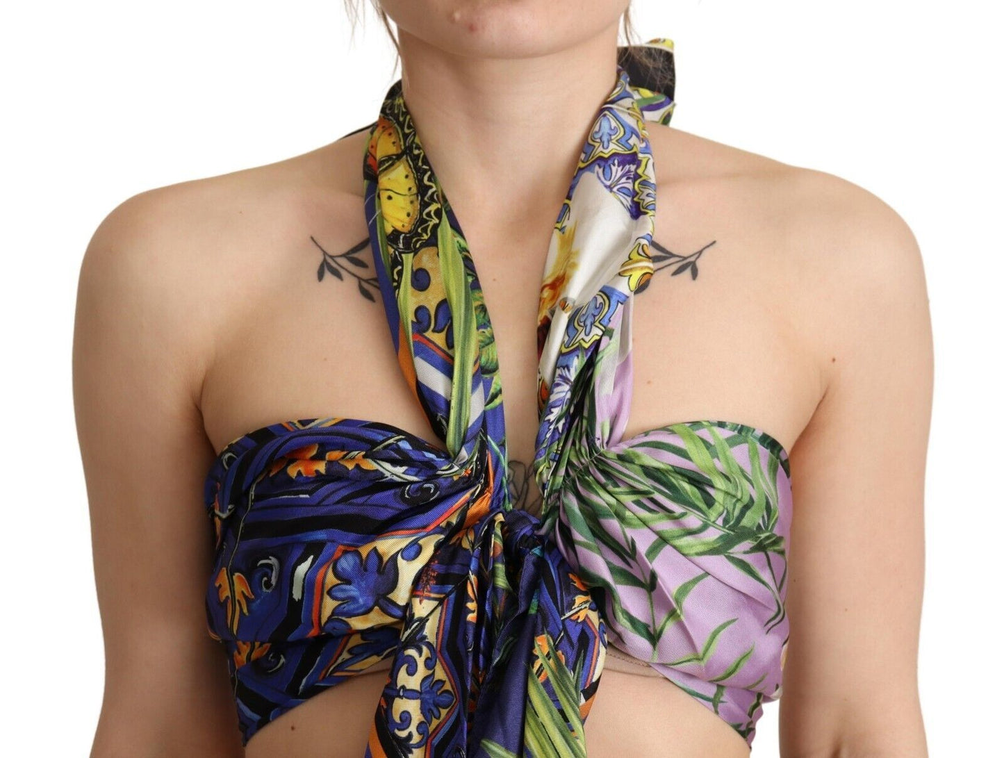 Dolce &amp; Gabbana – Mehrfarbiges Neckholder-Crop-Top aus Seide mit Foulard