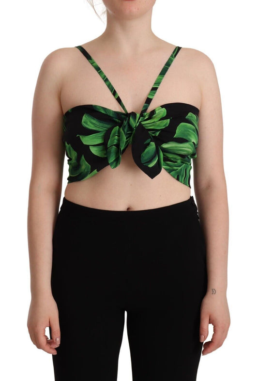 Dolce &amp; Gabbana – Neckholder-Crop-Top aus Seide mit schwarzen und grünen Blättern