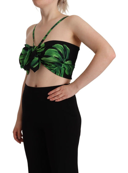 Dolce &amp; Gabbana – Neckholder-Crop-Top aus Seide mit schwarzen und grünen Blättern
