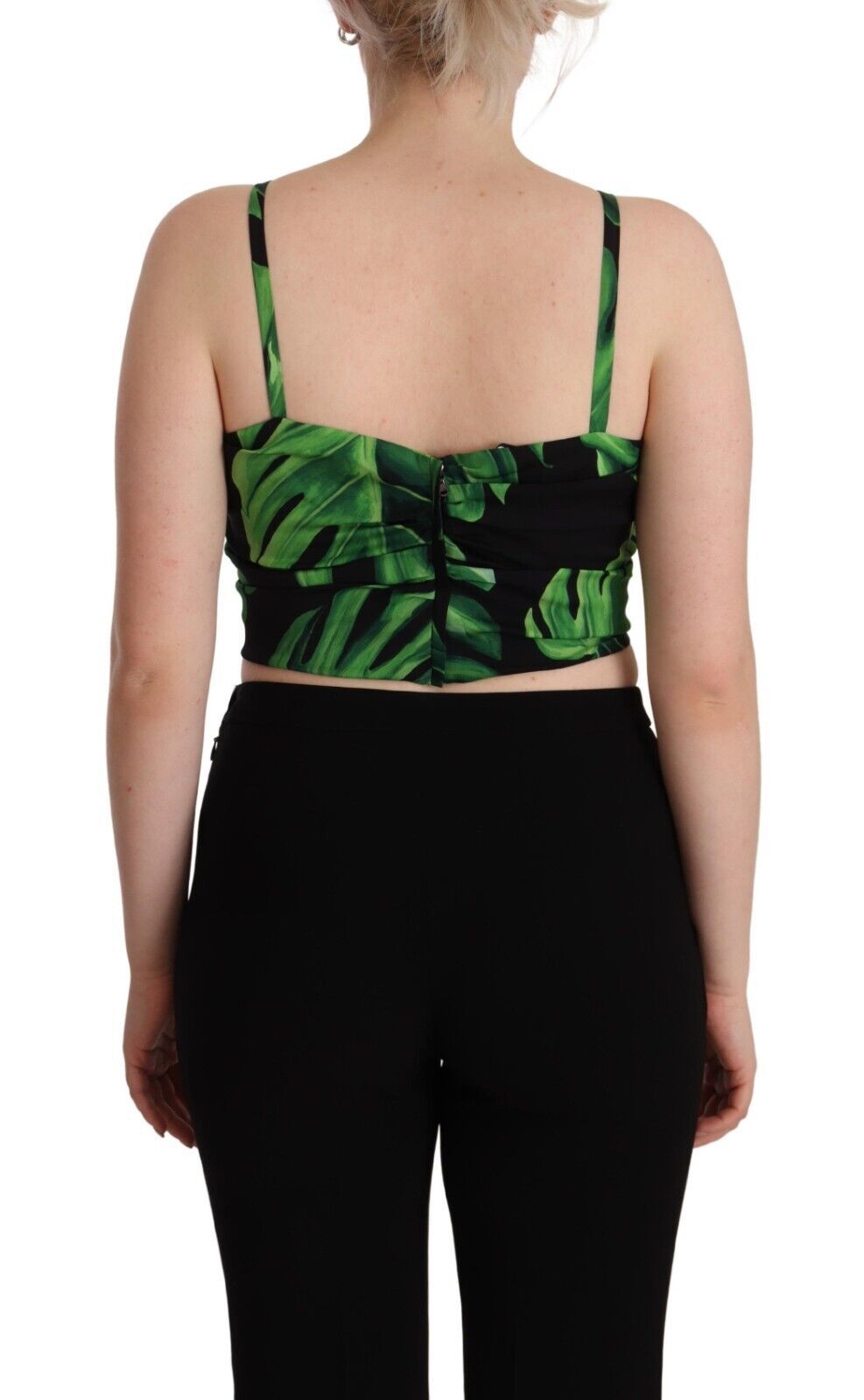 Dolce &amp; Gabbana – Neckholder-Crop-Top aus Seide mit schwarzen und grünen Blättern
