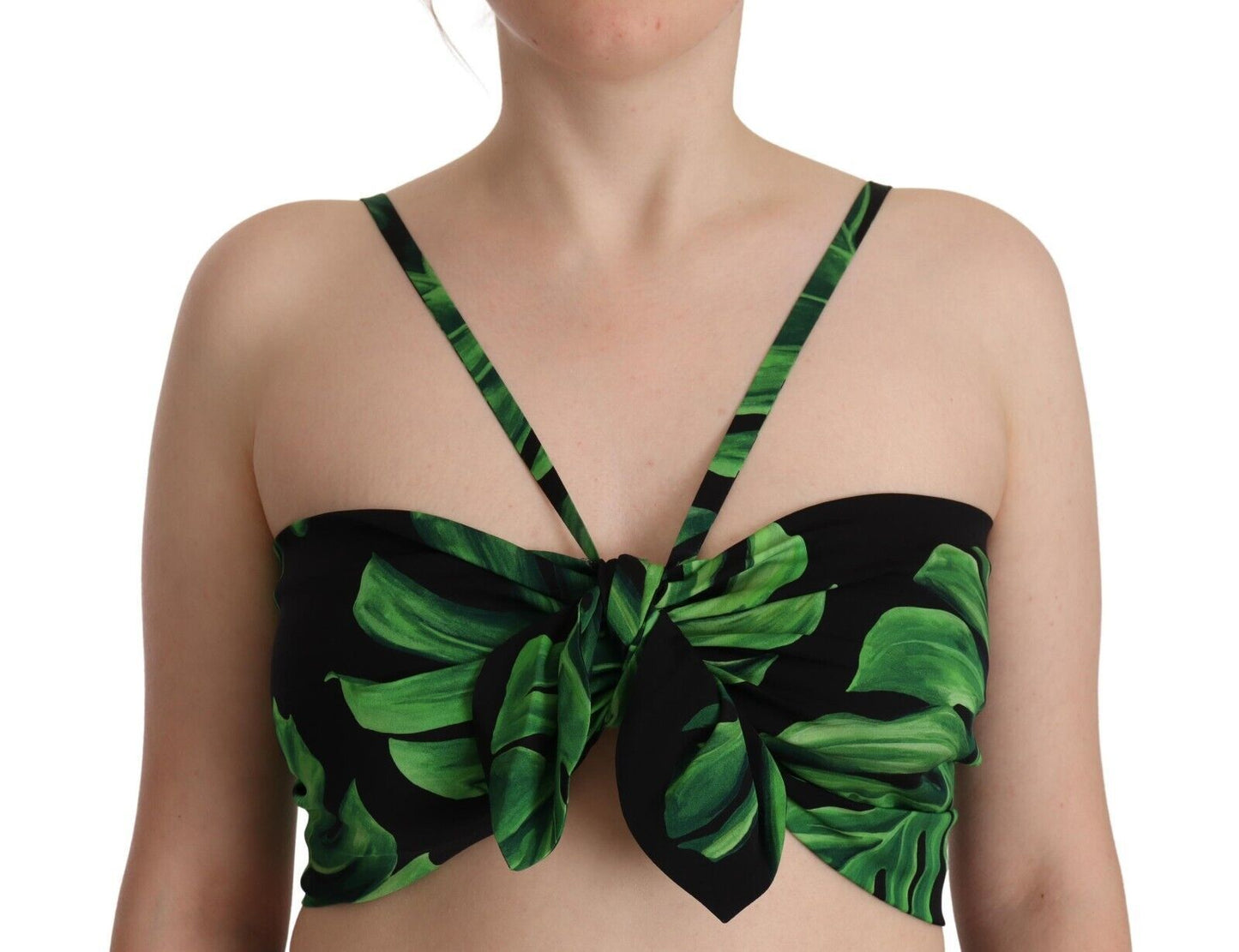 Dolce &amp; Gabbana – Neckholder-Crop-Top aus Seide mit schwarzen und grünen Blättern