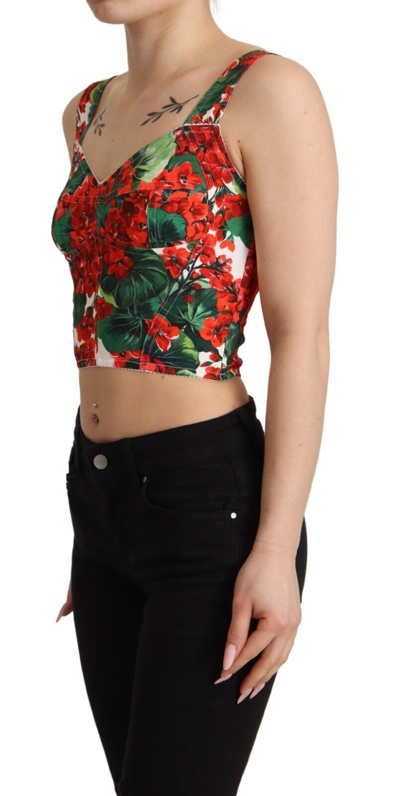 Dolce &amp; Gabbana – Kurzes Oberteil aus Viskose mit Herzausschnitt und Geranien-Print in Rot