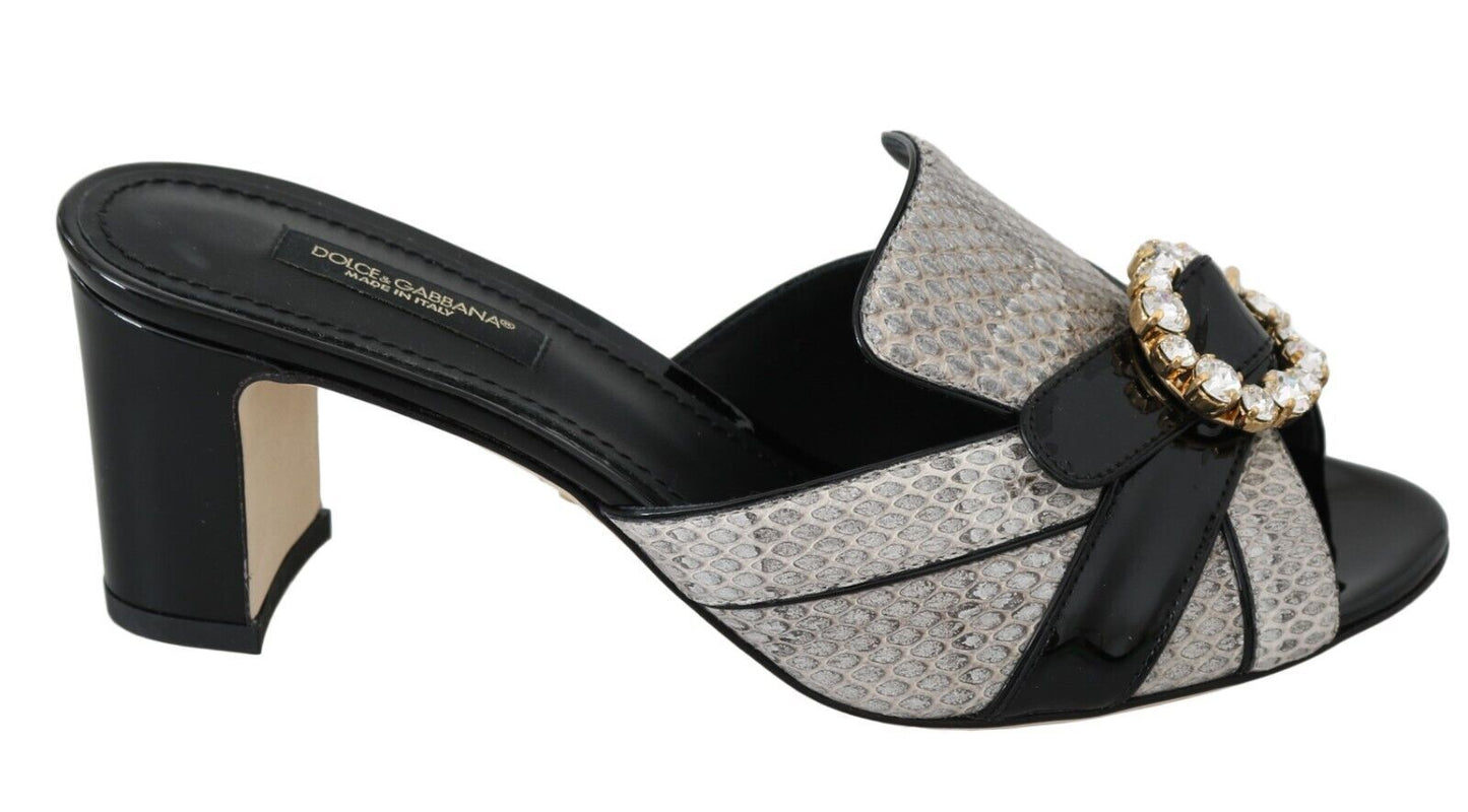 Dolce &amp; Gabbana Schwarz Grau Exotische Leder Kristalle Sandalen Schuhe