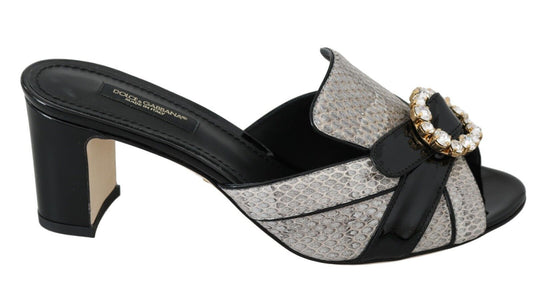 Dolce &amp; Gabbana Schwarz Grau Exotische Leder Kristalle Sandalen Schuhe