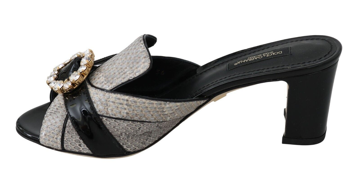 Dolce &amp; Gabbana Schwarz Grau Exotische Leder Kristalle Sandalen Schuhe