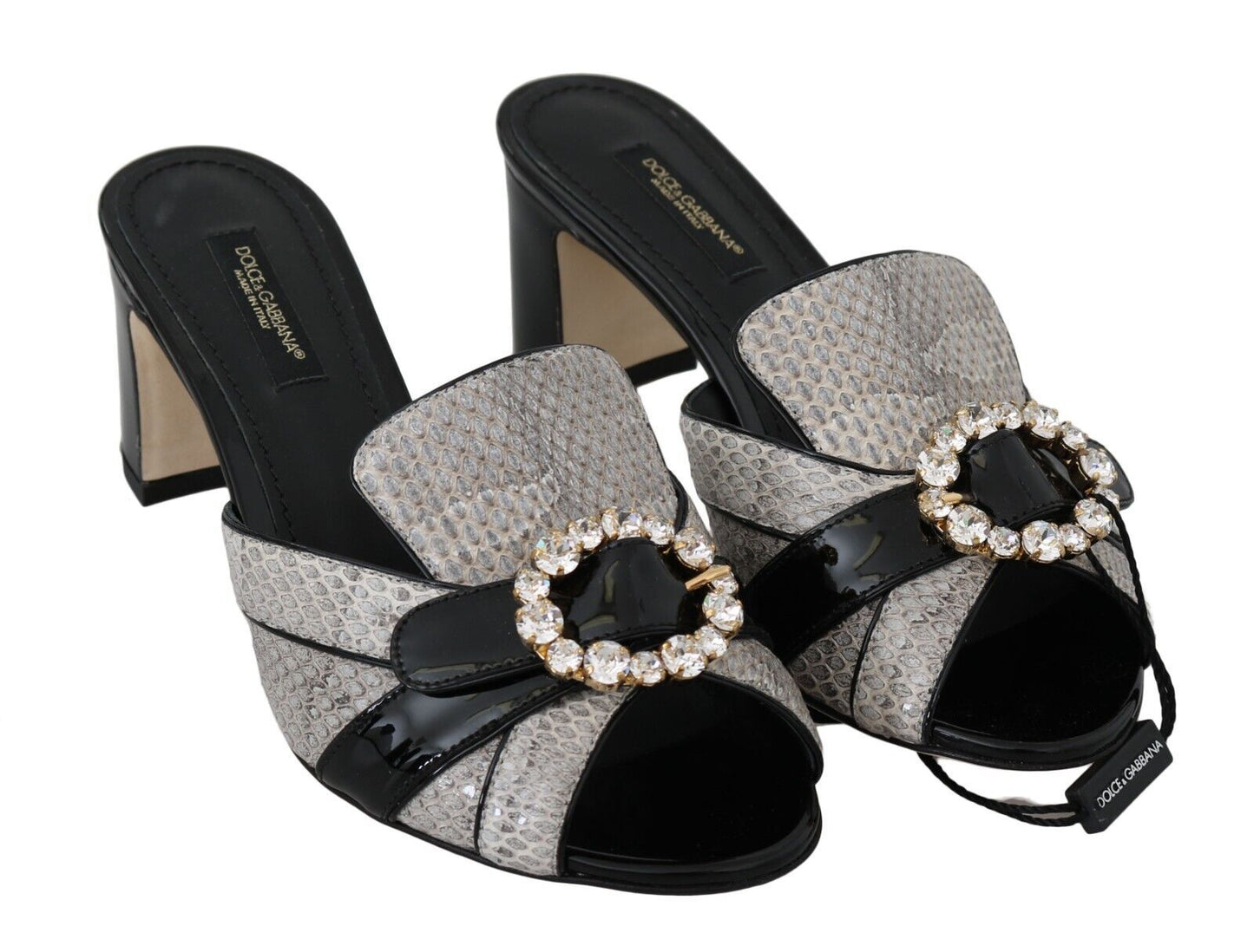 Dolce &amp; Gabbana Schwarz Grau Exotische Leder Kristalle Sandalen Schuhe