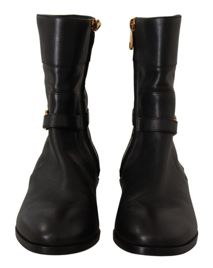 Dolce &amp; Gabbana Black Leather Flats Logo Short Boots Shoes