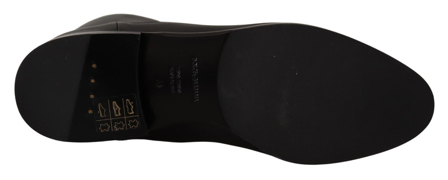 Dolce &amp; Gabbana Black Leather Flats Logo Short Boots Shoes