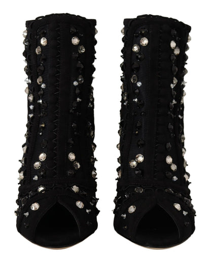 Dolce &amp; Gabbana Black Crystals Heels Zipper Short Boots Shoes
