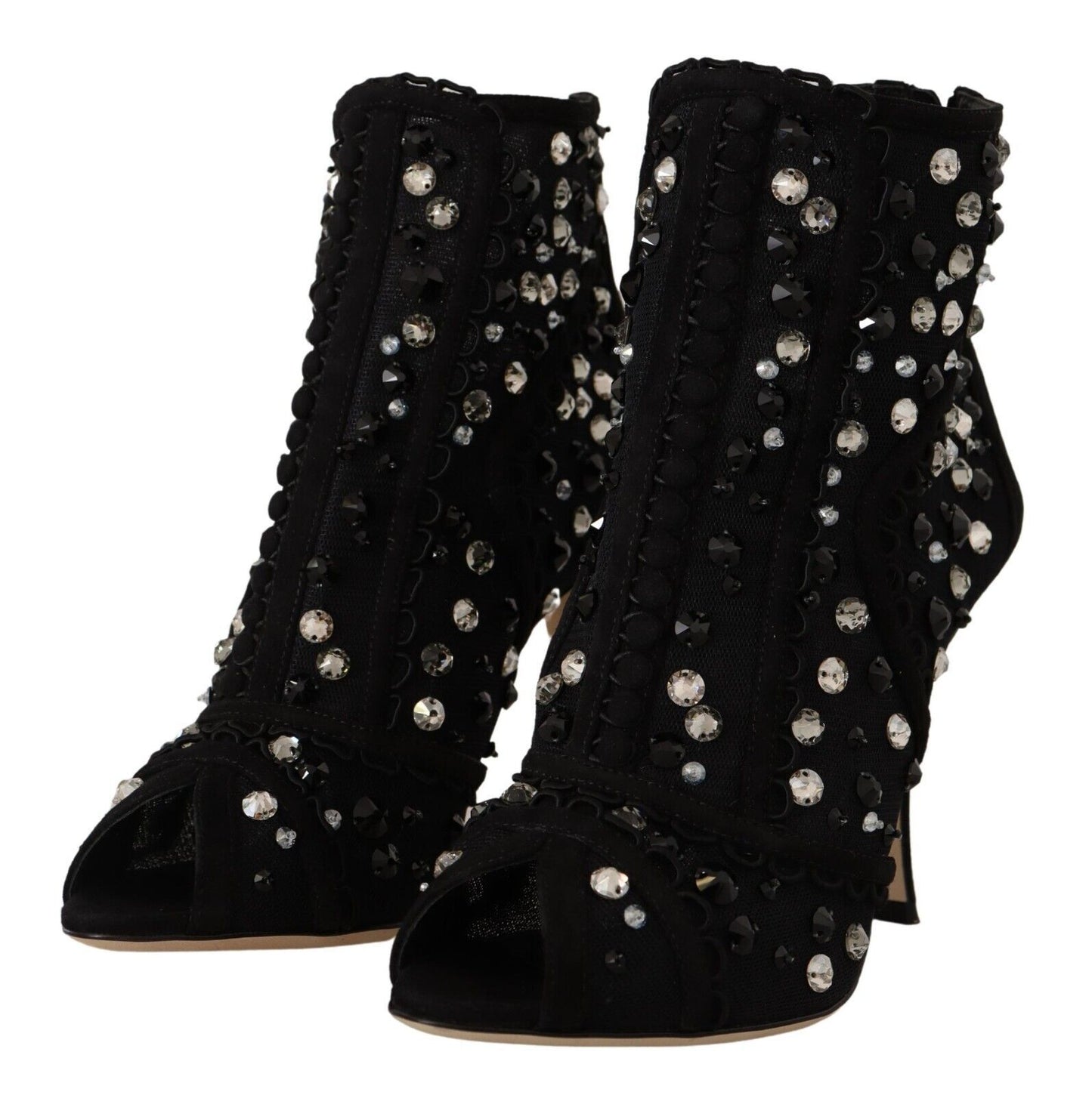 Dolce &amp; Gabbana Black Crystals Heels Zipper Short Boots Shoes