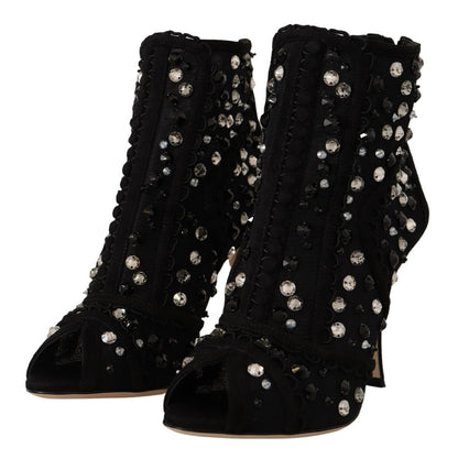 Dolce &amp; Gabbana Black Crystals Heels Zipper Short Boots Shoes