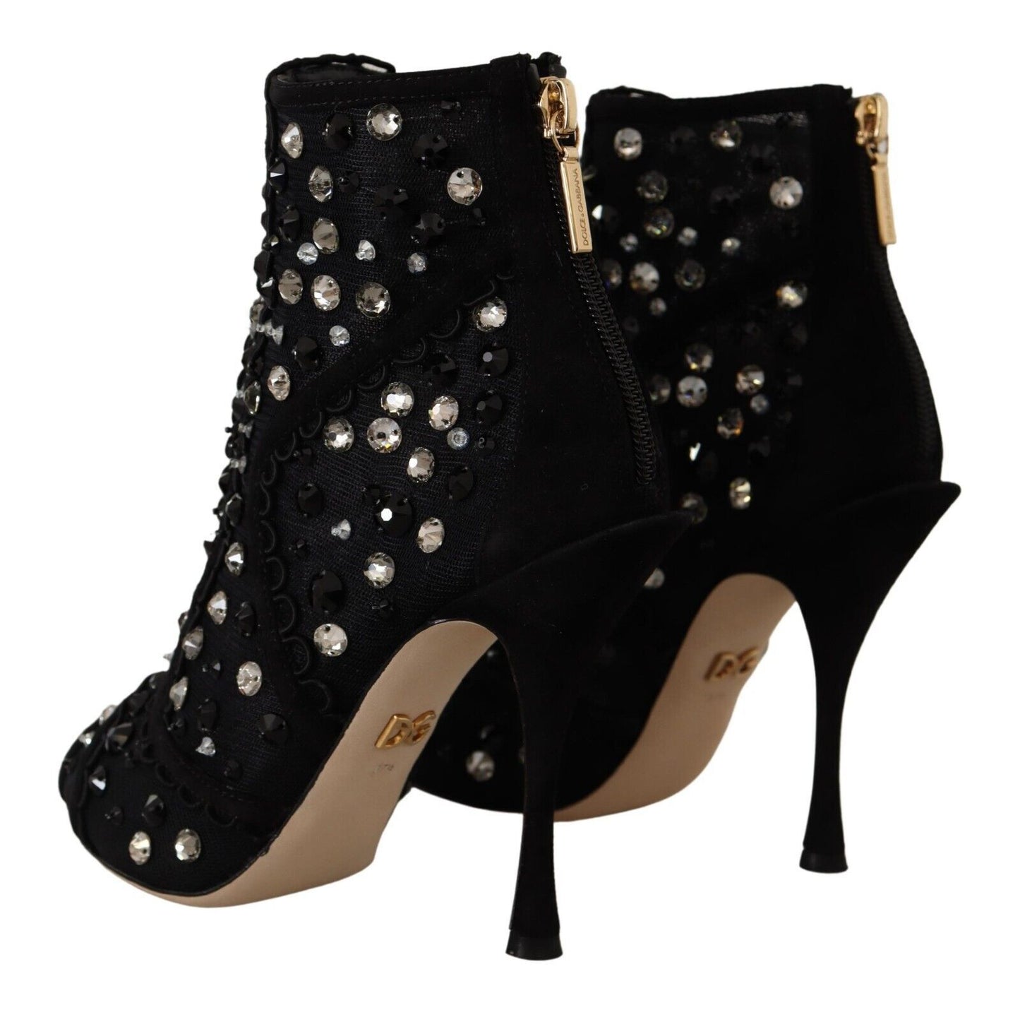 Dolce &amp; Gabbana Black Crystals Heels Zipper Short Boots Shoes