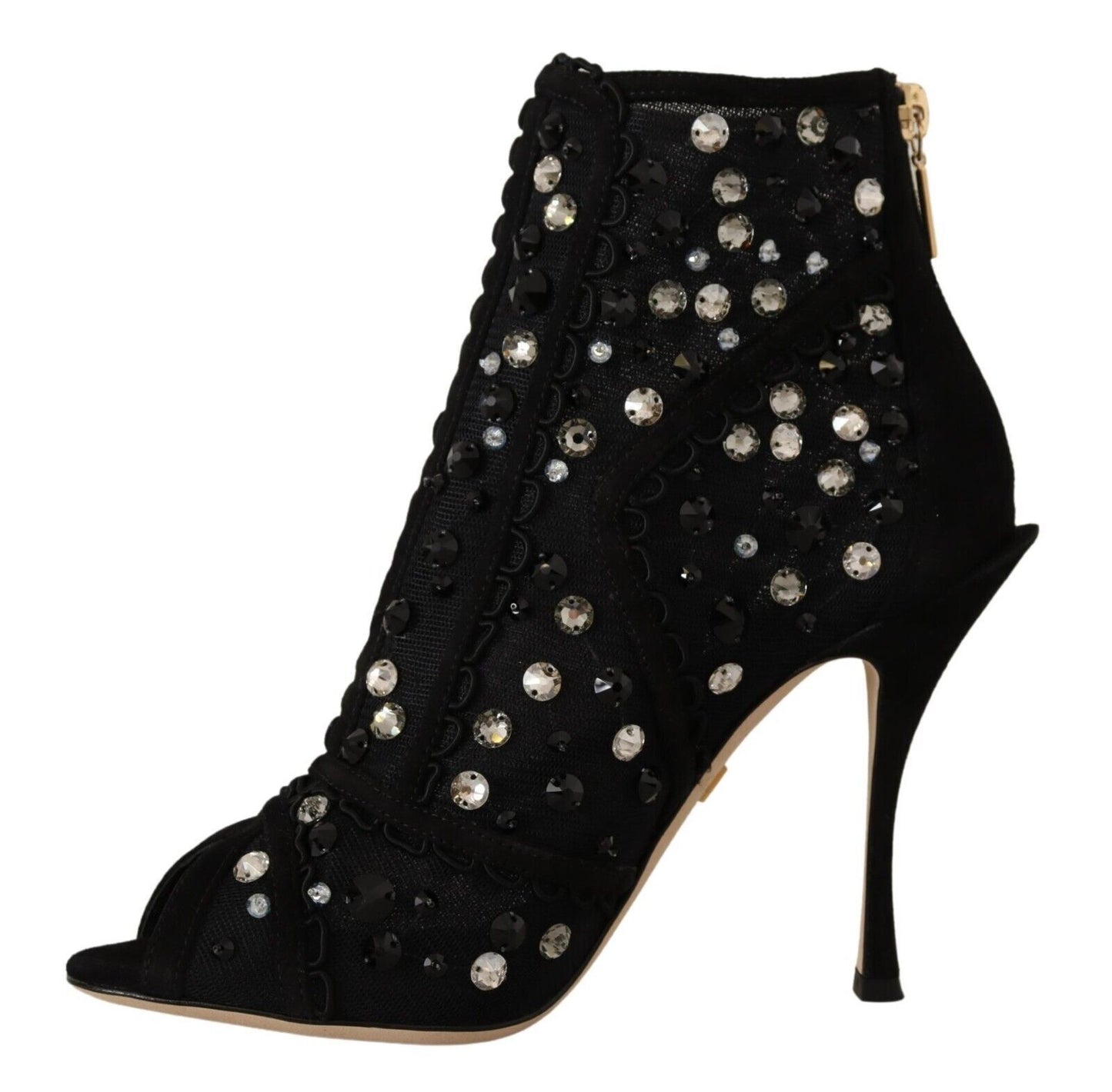 Dolce &amp; Gabbana Black Crystals Heels Zipper Short Boots Shoes