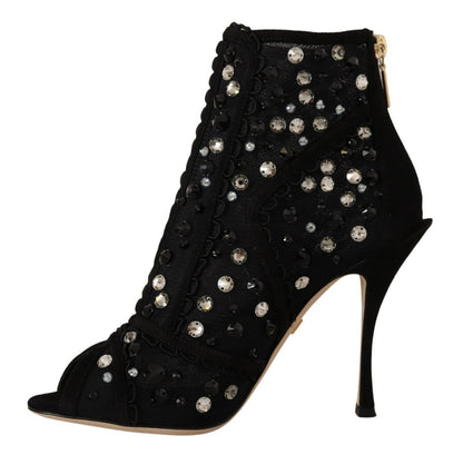 Dolce &amp; Gabbana Black Crystals Heels Zipper Short Boots Shoes