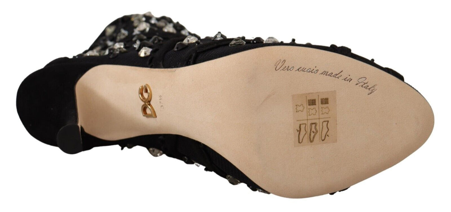 Dolce &amp; Gabbana Black Crystals Heels Zipper Short Boots Shoes
