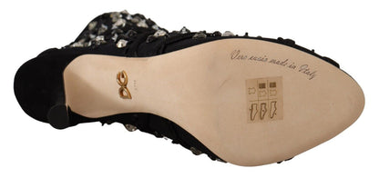 Dolce &amp; Gabbana Black Crystals Heels Zipper Short Boots Shoes