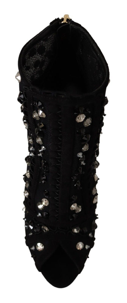 Dolce &amp; Gabbana Black Crystals Heels Zipper Short Boots Shoes