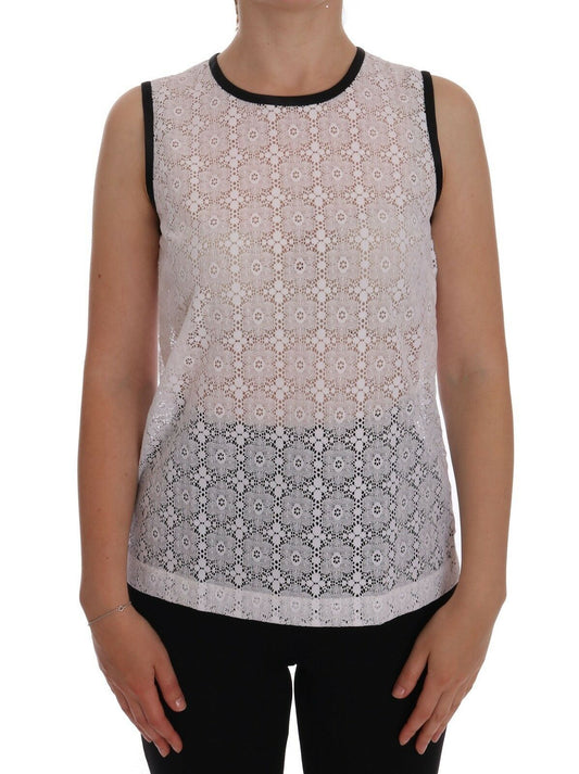 Dolce &amp; Gabbana – Weißes Nylon-Tank-T-Shirt mit Spitzenblumenmuster