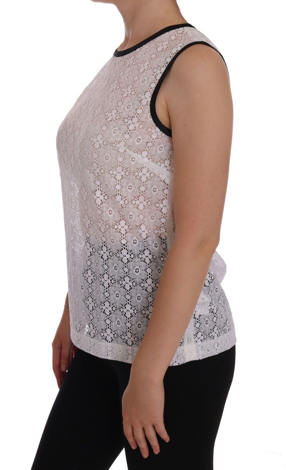 Dolce &amp; Gabbana – Weißes Nylon-Tank-T-Shirt mit Spitzenblumenmuster