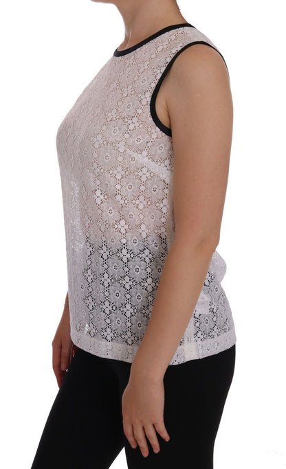 Dolce &amp; Gabbana – Weißes Nylon-Tank-T-Shirt mit Spitzenblumenmuster