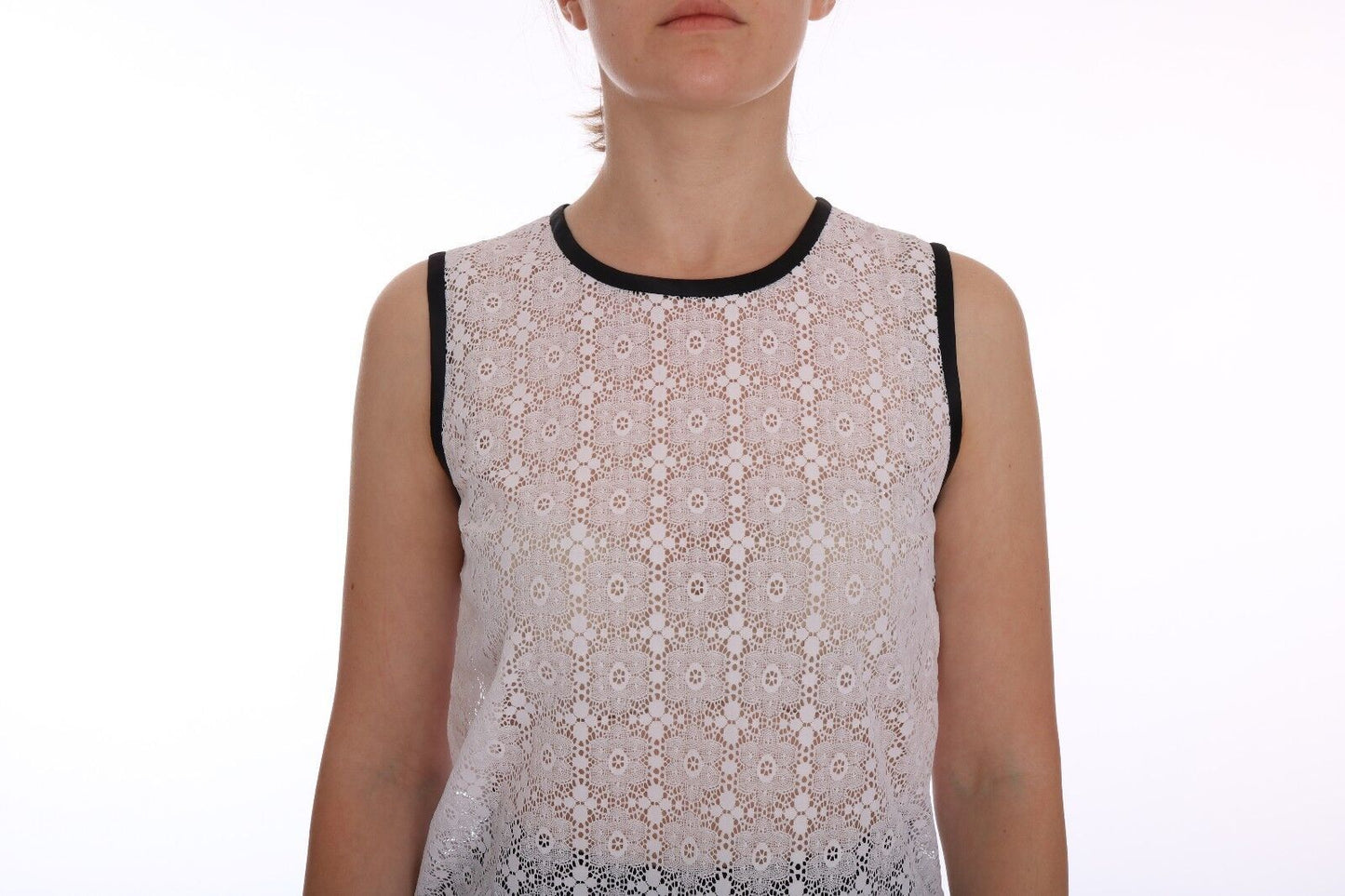 Dolce &amp; Gabbana – Weißes Nylon-Tank-T-Shirt mit Spitzenblumenmuster