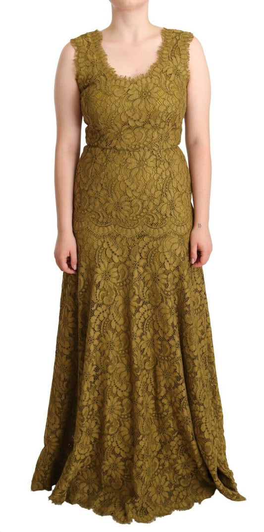 Dolce &amp; Gabbana – Braunes Maxikleid mit Blumenspitze und bodenlanger Länge