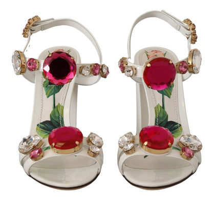 Dolce &amp; Gabbana Keira Heels Sandalen aus weißem Leder mit Kristallen