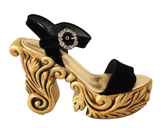 Dolce &amp; Gabbana Schwarzgoldene Barock-Samt-Heels mit Kristallen