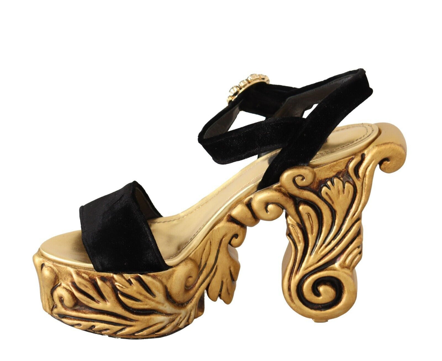Dolce &amp; Gabbana Schwarzgoldene Barock-Samt-Heels mit Kristallen