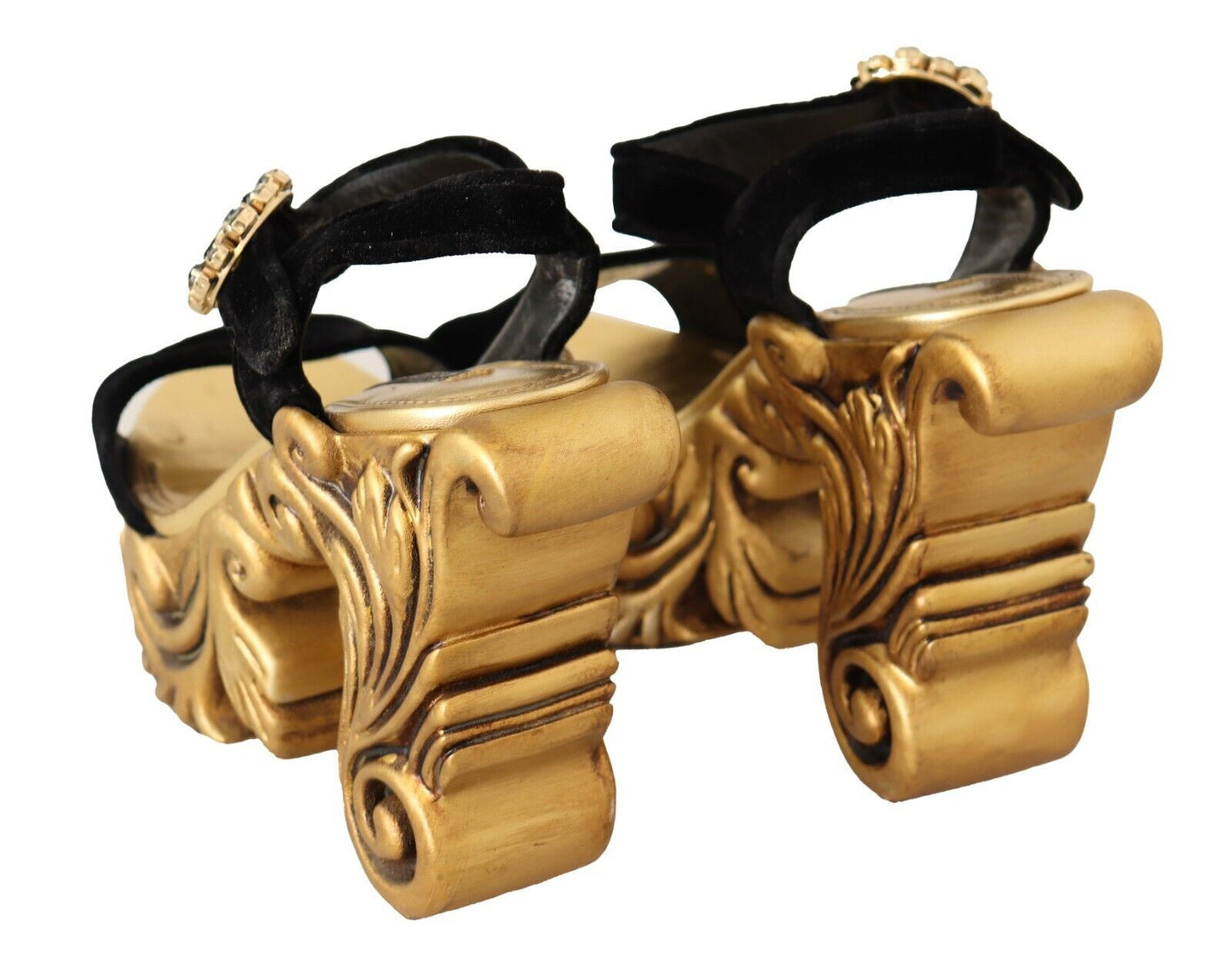 Dolce &amp; Gabbana Schwarzgoldene Barock-Samt-Heels mit Kristallen