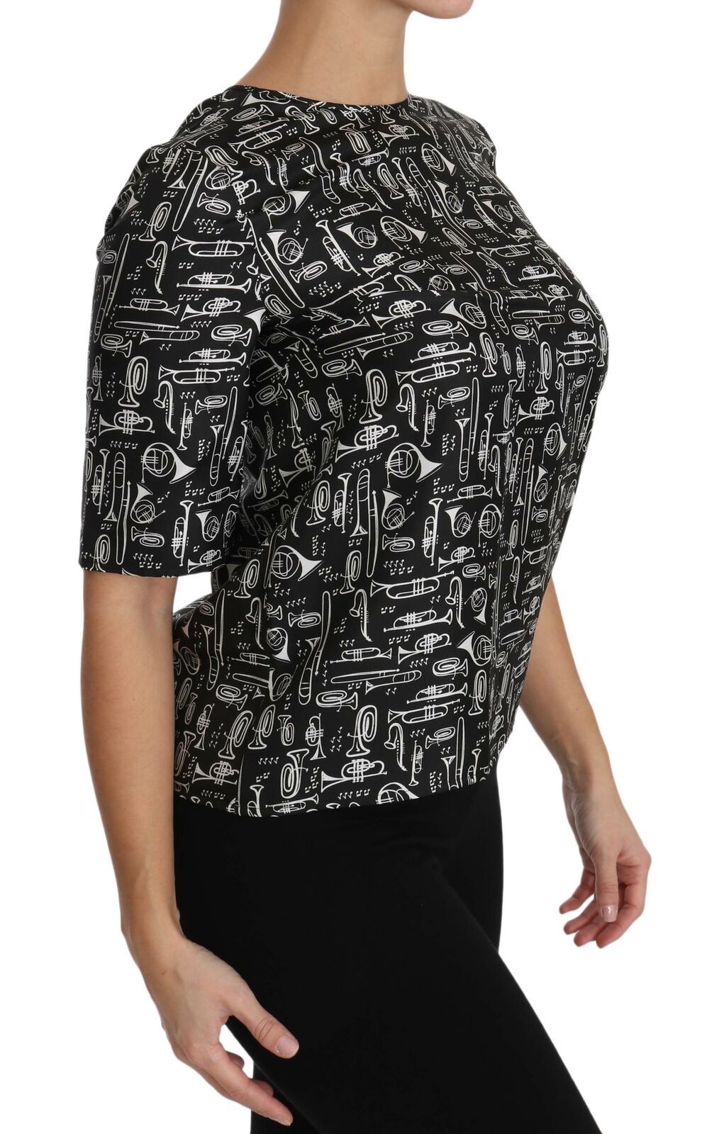 Dolce &amp; Gabbana – Schwarze Seidenbluse mit Musikinstrumenten-Print