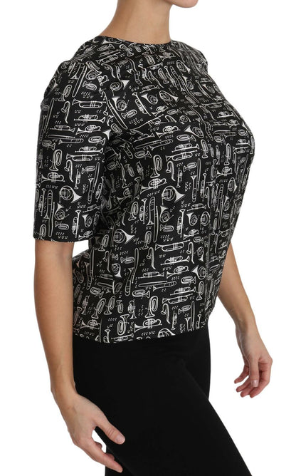 Dolce &amp; Gabbana – Schwarze Seidenbluse mit Musikinstrumenten-Print