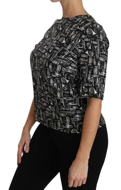 Dolce &amp; Gabbana – Schwarze Seidenbluse mit Musikinstrumenten-Print