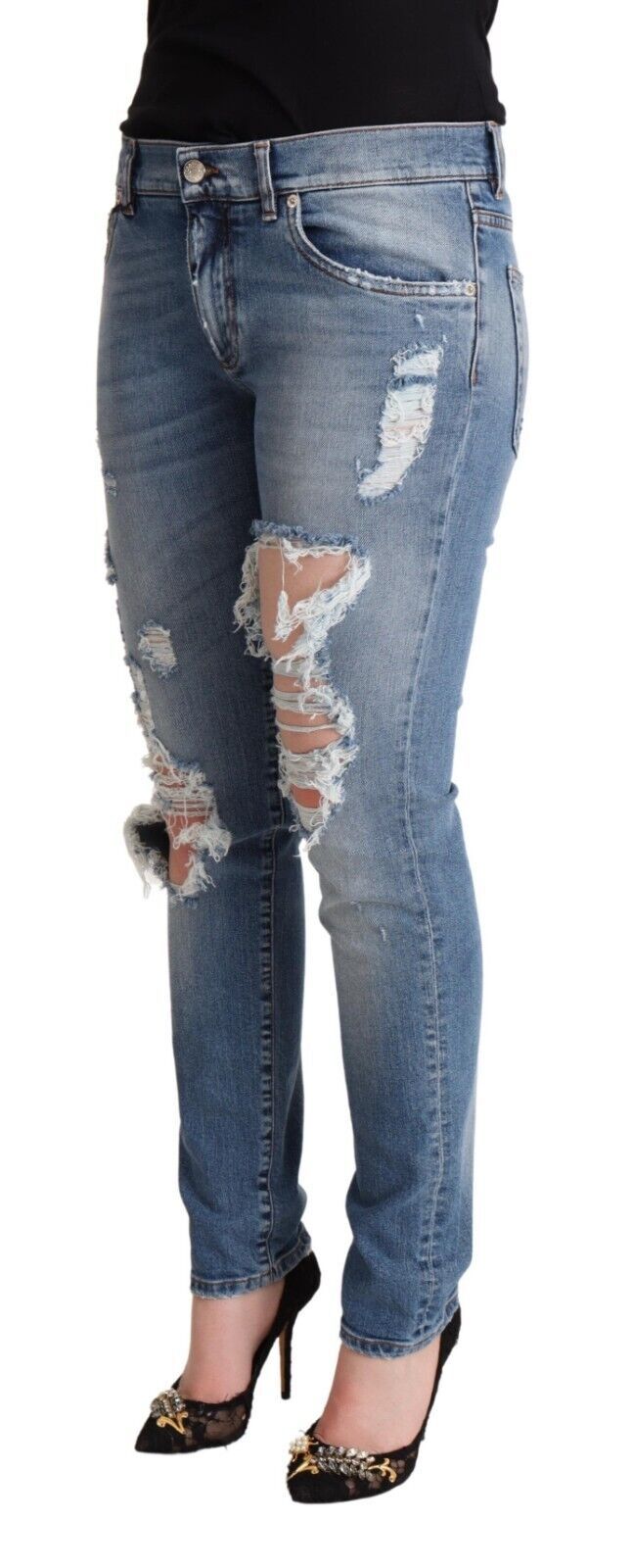 Dolce &amp; Gabbana – Blaue Skinny-Jeans aus Baumwolldenim im Used-Look