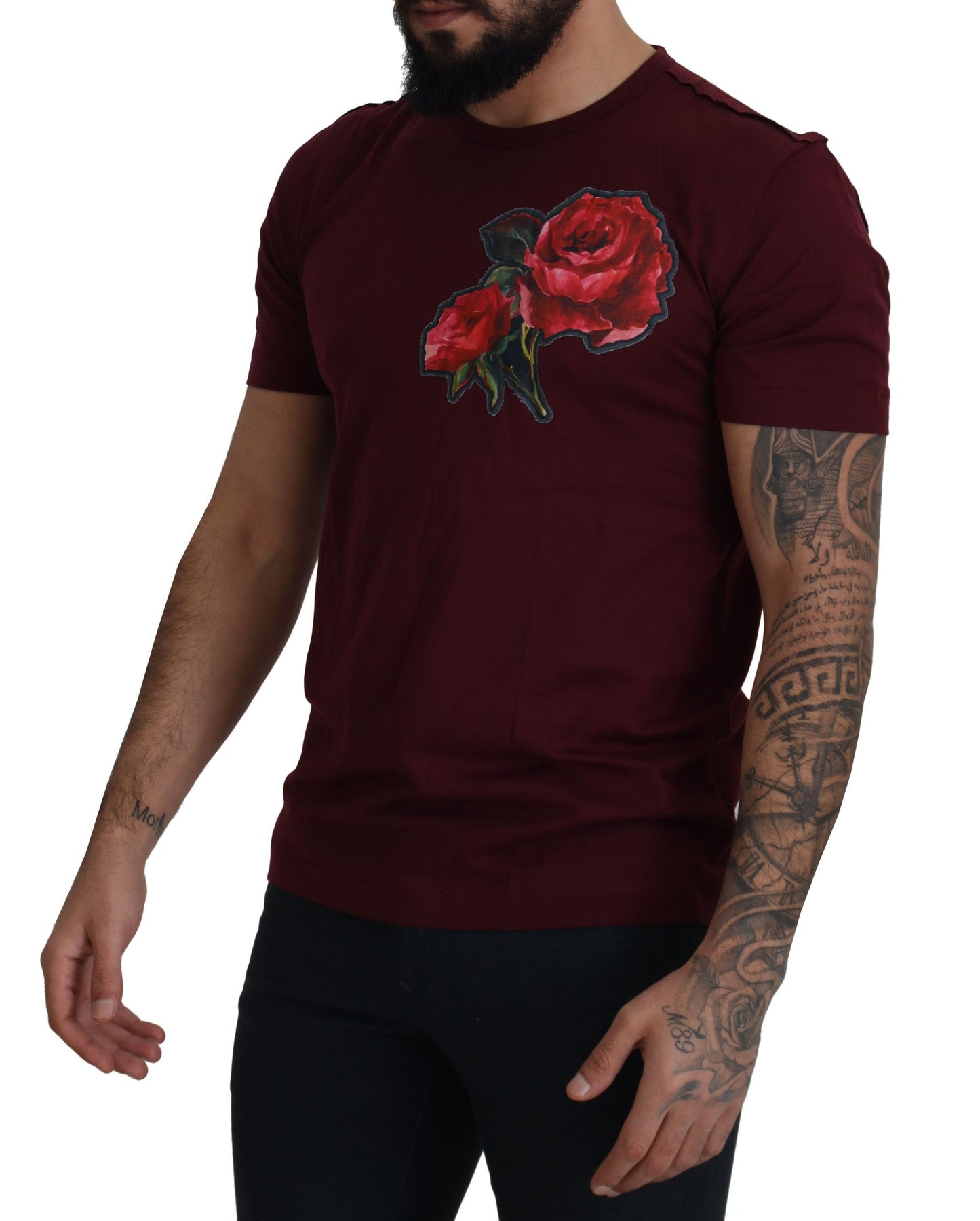 Dolce &amp; Gabbana Bordeaux Roses Baumwoll-T-Shirt mit Rundhalsausschnitt