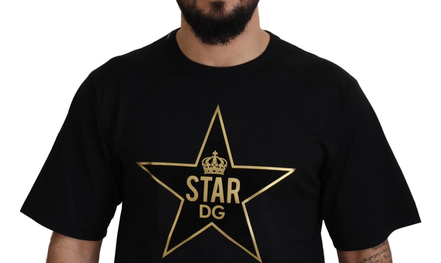 Dolce &amp; Gabbana – T-Shirt aus Baumwolle mit Rundhalsausschnitt und Sternkrone „DG“ in Schwarz und Gold