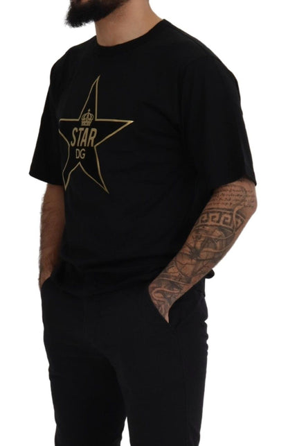 Dolce &amp; Gabbana – T-Shirt aus Baumwolle mit Rundhalsausschnitt und Sternkrone „DG“ in Schwarz und Gold