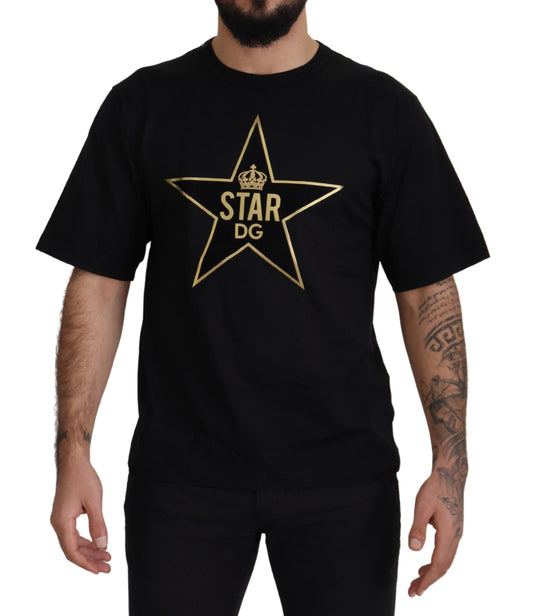 Dolce &amp; Gabbana – T-Shirt aus Baumwolle mit Rundhalsausschnitt und Sternkrone „DG“ in Schwarz und Gold