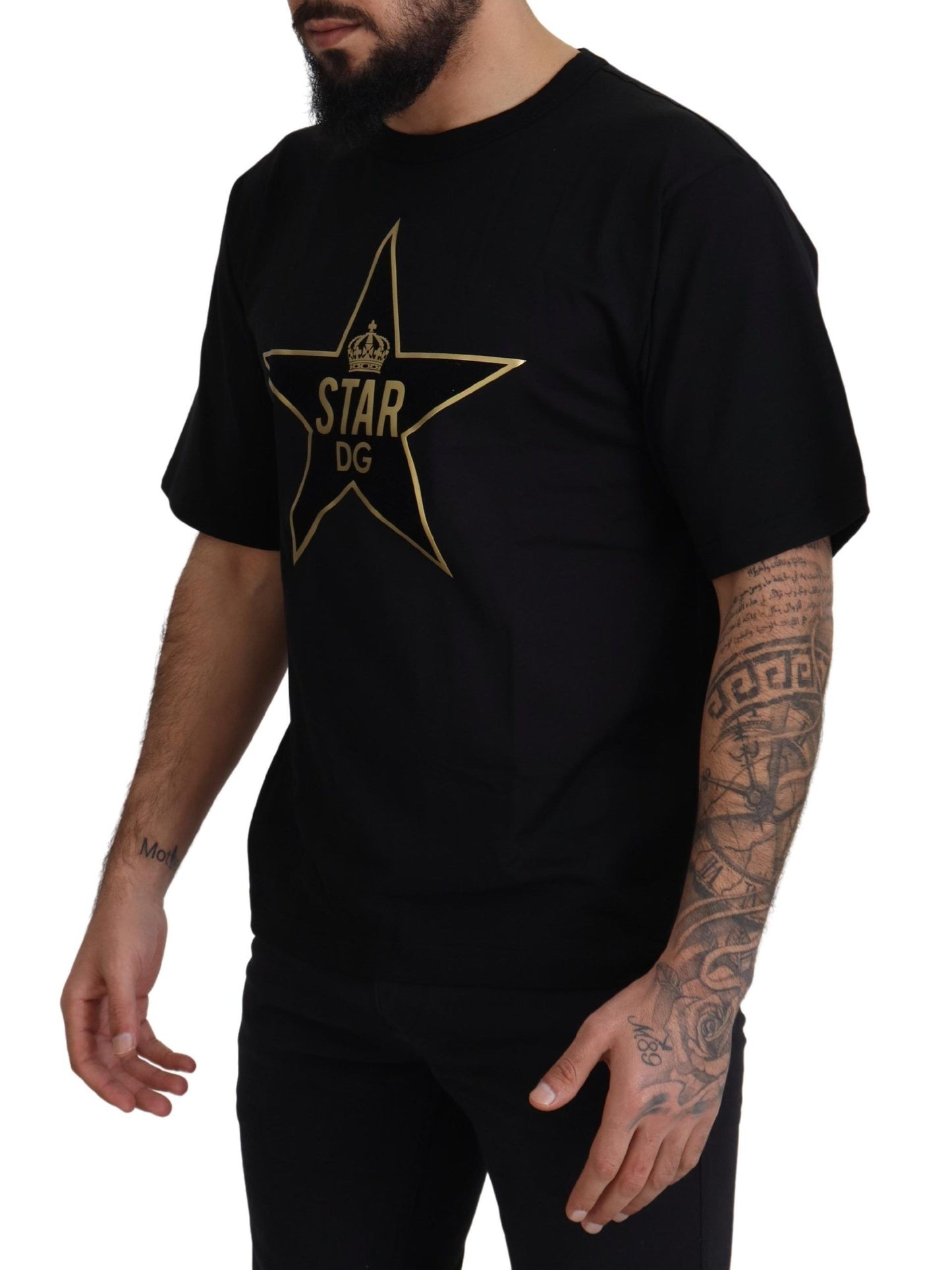 Dolce &amp; Gabbana – T-Shirt aus Baumwolle mit Rundhalsausschnitt und Sternkrone „DG“ in Schwarz und Gold