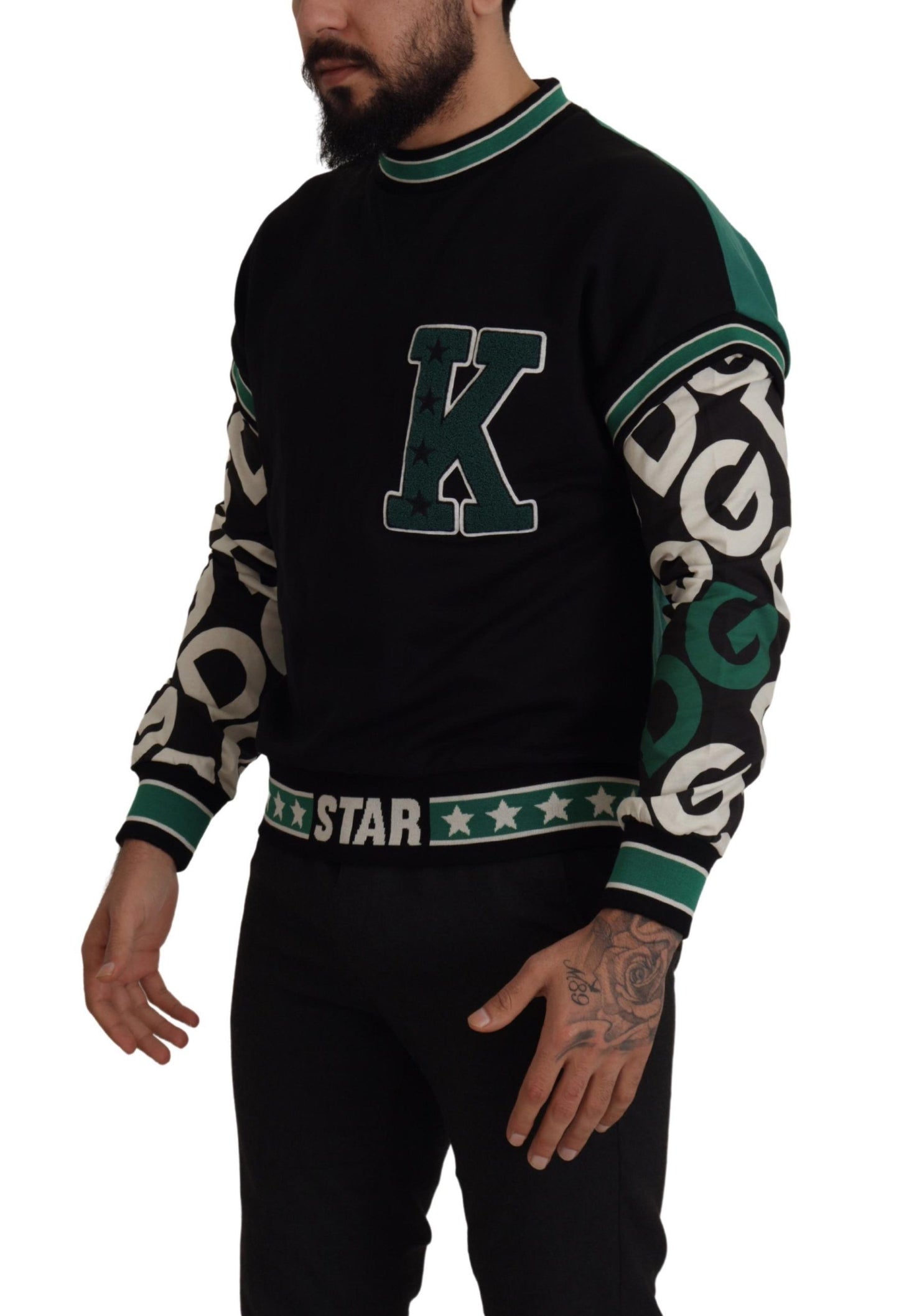 Dolce &amp; Gabbana Black Green Cotton KING Star Crewneck Pullover Sweater